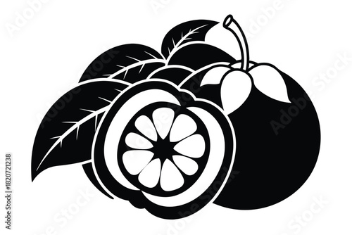 Black silhouette presents a guava fruit and its cross section with leaves around it