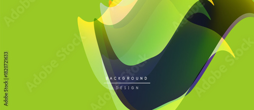 Abstract fluid shapes overlap vibrant green backdrop. Modern design features flowing lines, gradients, text elements. Dynamic composition.
