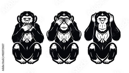 Three wise monkeys sitting in a row with different gestures