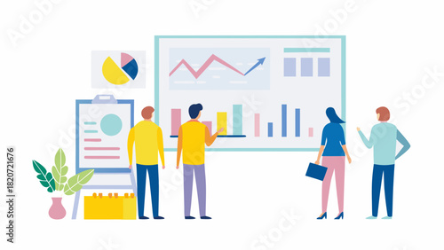 Diverse team collaborates on business strategy analyzing charts and graphs on a large presentation board for growth