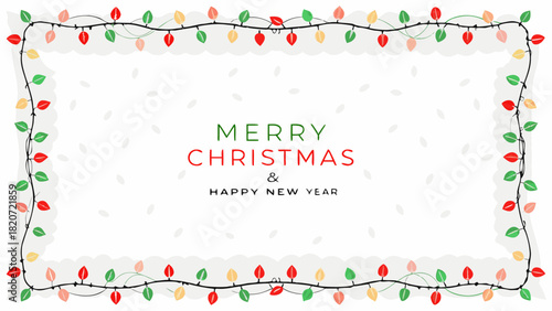 Festive christmas and happy new year greeting card featuring a border of colorful string lights and subtle festive background elements