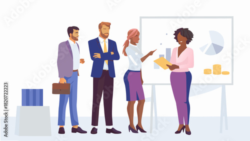 Diverse business professionals collaborating and presenting data on a whiteboard during a meeting