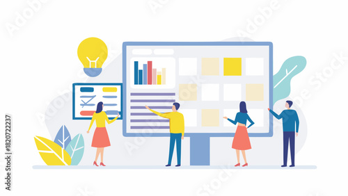 Diverse team collaborates on a digital presentation discussing data insights and innovative ideas with a bright lightbulb symbolizing creativity