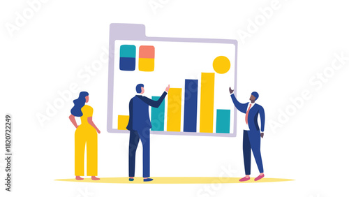 A dynamic composition featuring a diverse group of four business professionals collaborating and interacting in a modern professional setting