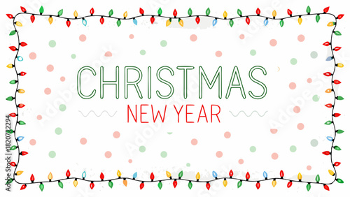 Festive christmas and new year greeting with colorful string lights and polka dots on a white background