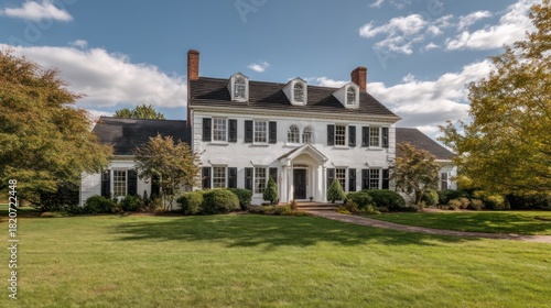 A stately Colonial-style home with a white brick exterior and a symmetrical front The wide well-lit lawn and
