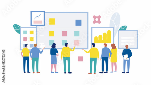 Diverse team collaborates around a whiteboard displaying charts and colorful sticky notes fostering a dynamic brainstorming session and strategic planning