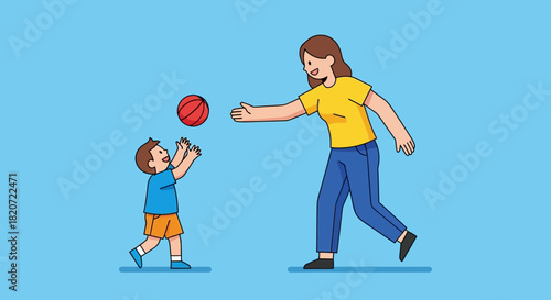 A mother and her young son happily playing with a red ball, engaging in a fun outdoor activity together.
