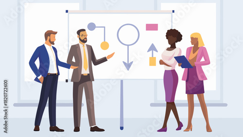 Diverse business team collaborates on a whiteboard presentation discussing strategy and planning with a flowchart