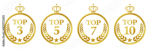 光沢のあるランキングのアイコンセット。トップ3、トップ5、トップ7、トップ10の4つ。白背景にベクターイラスト。