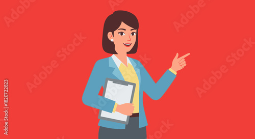 Animated woman in business attire holding a tablet and pointing, on a red background.