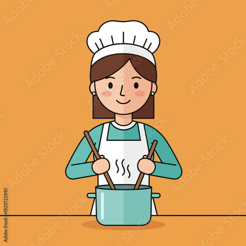 A friendly female chef wearing a hat and apron is stirring a steaming pot with wooden spoons.