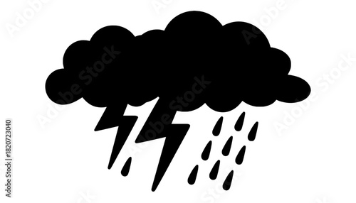 A black cloud with lightning and rain on a white background