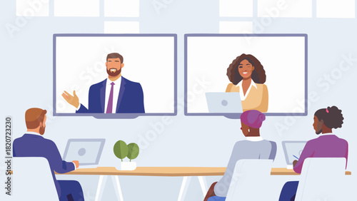 Diverse team participates in a virtual meeting with remote colleagues presenting on large screens in a modern office setting
