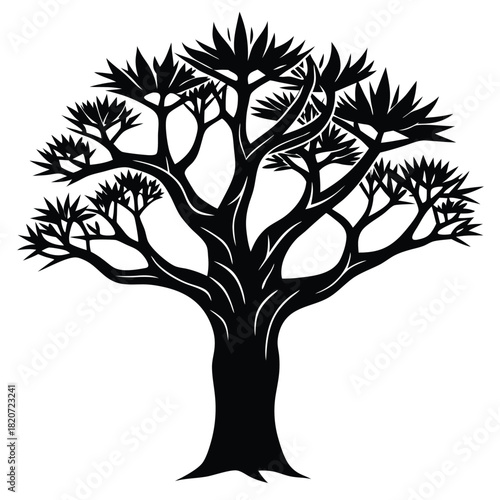 A stark silhouette reveals a unique tree with bristling leaves against a plain background