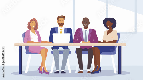 Diverse business professionals collaborate around a table with a laptop fostering teamwork and modern workplace communication in a bright office setting