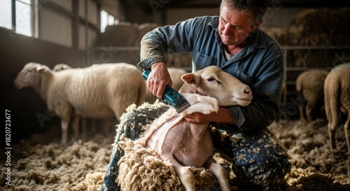 Man shearing wool from a sheep using electric clippers inside a dusty barn on a farm
