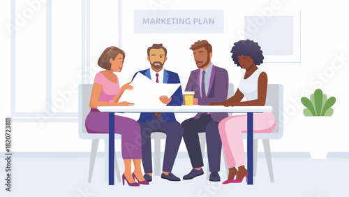 Diverse team collaborates on marketing plan during a business meeting discussing strategy and ideas around a table