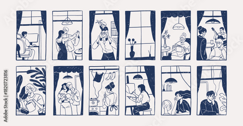 Set of windows with people inside. Facade with neighbors indoors. Apartments with families, couples and kids. Doodle men and women in condo house. Hand drawn isolated vector illustrations on white