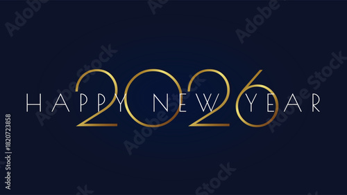 2026 happy new year elegant gold numbers on dark blue background.