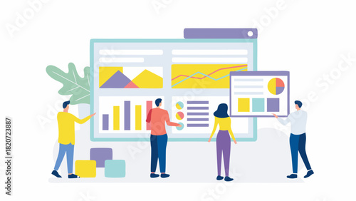 Diverse team collaborates on data analysis and business strategy presentation showcasing charts and graphs on a large screen
