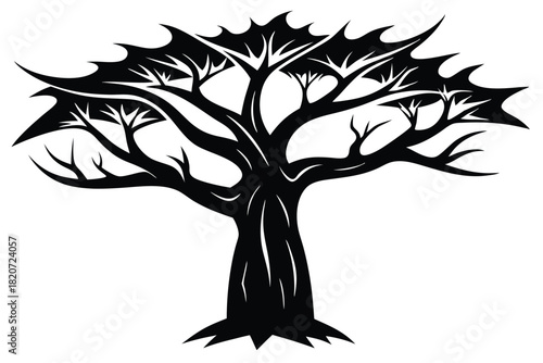 Solitary silhouette of a strange tree with sharply angled branches stands prominently against white