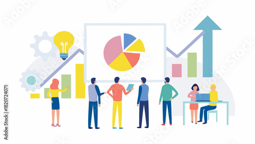 Diverse team collaborates on business growth and data analysis with charts graphs and a lightbulb representing innovation