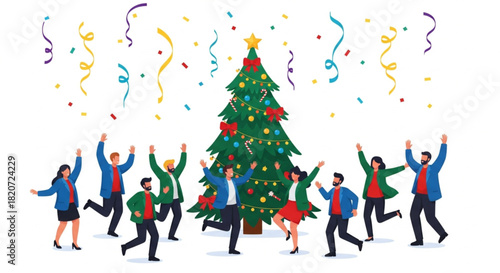 Happy people at a Christmas and New Year's corporate party. Positive men and women dancing and having fun. Set of modern vector characters. Christmas and New year greetings card on White background.