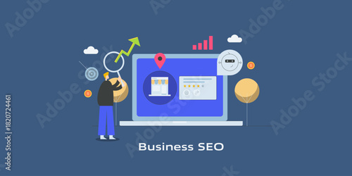 Local business listing and customer rating display digitally, chatbot delivers essential business information and analyst reviews SEO growth indicator arrow.