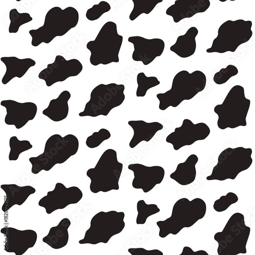Cow spots seamless pattern holstein with black and white animal print, featuring irregular blobs and freeform spots for a creative background or dairy design. Vector cow seamless bg illustration.