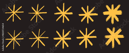 Asterisk star yellow icon shapes. Irregular snowflakes elements set. Abstract chalk drawn stars collection. Uneven ink brush snow flakes. Simple twinkle markers handmade symbols. Vector illustration.