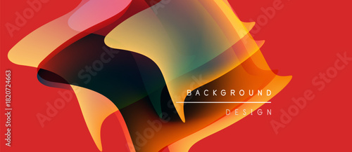 Abstract fluid shapes overlap, creating vibrant color gradients. Red background emphasizes dynamic design elements, modern aesthetic.