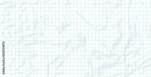 Crumpled white grid paper. Journaling page blank background. Notebook paper sheet. Vector horizontal notepad binder folded pattern. Math diary or memo textured cover.