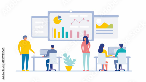 Diverse team collaborates in modern office analyzing charts and graphs on a presentation screen for business growth and success