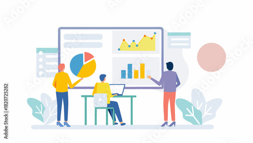 Business meeting with data analysis and charts presented on a large screen by a team of professionals