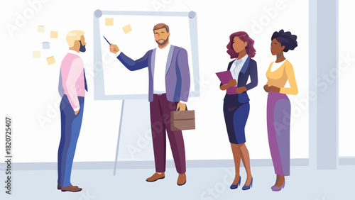 Diverse business professionals collaborate during a presentation discussing ideas on a whiteboard with sticky notes