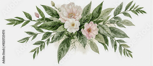 Watercolor tropical spring bouquet with green leaves and delicate flowers, isolated on transparent PNG for greeting or wedding card designs.
