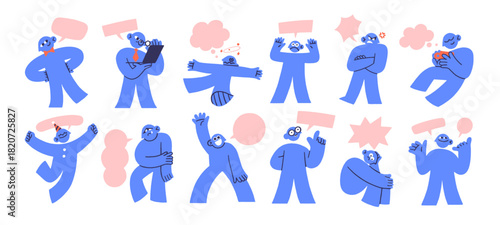 Abstract doodle character with speech bubbles set. Geometric shaped person with different emotions and tags of thoughts. Happy, sad and angry man talks. Flat isolated vector illustrations on white
