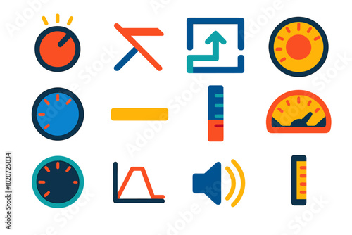 Audio Dynamics Icons. Flat vector icons of Audio Dynamics: compressor knob, limiter icon, expander gate, attack dial, release dial