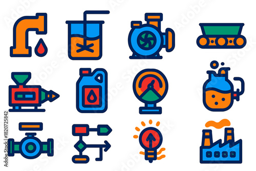 Industrial Fluid Icons. Flat vector icons of industrial applications of non-Newtonian fluids: pipeline, mixing tank, pump,