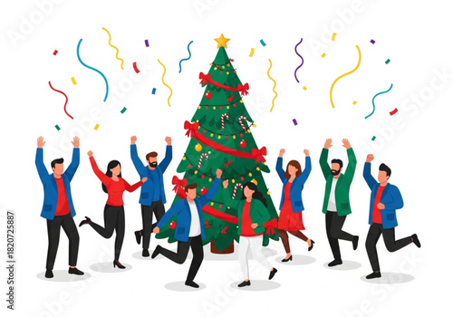 Happy people at a Christmas and New Year's corporate party. Positive men and women dancing and having fun. Set of modern vector characters. Christmas and New year greetings card on White background.