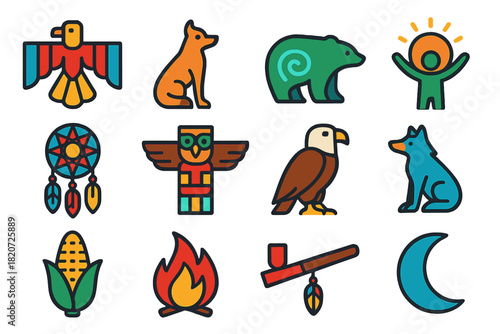 Native Myth Icons. Flat vector icons of Native American Myths: Thunderbird, Coyote, Spirit Bear, Sun Dance, Dreamcatcher, Totem