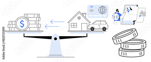 Scales comparing money and assets thumbs up a house and car with financial data, charts, and arrows. Ideal for finance, budgeting, investments, wealth management, economics, trade simple flat