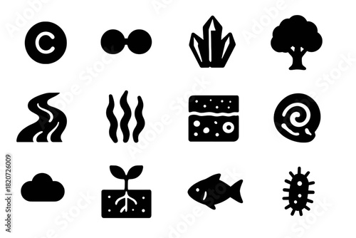 Nutrient Cycle Icons. Solid style icons of carbon, nitrogen, and phosphorus cycles: carbon atom, nitrogen molecule, phosphorus