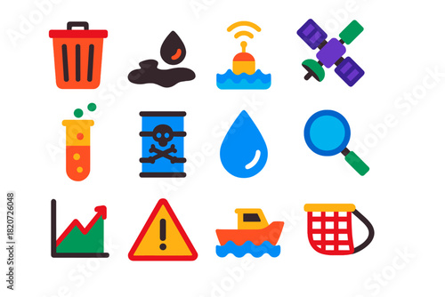 Pollution Monitoring Icons. Flat vector icons of Pollution Monitoring: Trash, Oil Spill, Sensor Buoy, Satellite, Chemical Test,