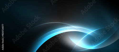 Abstract blue light curves flow, creating dynamic energy. Dark background emphasizes bright illumination, modern design.