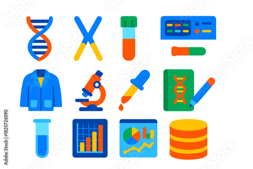 Genomics Icons Collection. Flat vector icons of Genomic Research: DNA Strand, Chromosome, Sample Tube, Sequencer, Lab Coat,