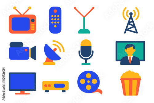 Bright Media Icons. Flat vector icons of Television Media: TV Set, Remote Control, Antenna, Broadcast Tower, Camera, Satellite