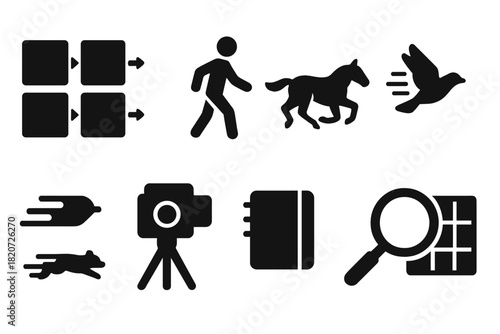 Sequential Movement Icons. Solid style icons of observation of sequential movement: sequence frames, arrows, human walking, horse