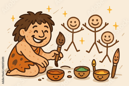 Prehistoric Artist at Work. Cheerful doodle prehistoric artist at work with smiling human figures, cartoon pigments in bowls,